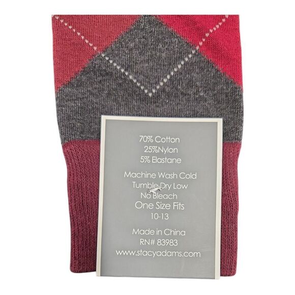 STACY ADAMS MEN'S COLORFUL BURGUNDY/ CHARCOAL ARGYLE DRESS SOCK. - Picture 3 of 3
